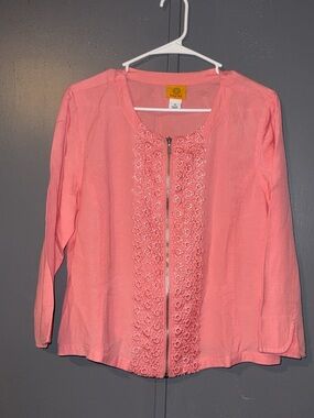 Ruby Red Pink Crochet-Trim Zip Front Women's Top
